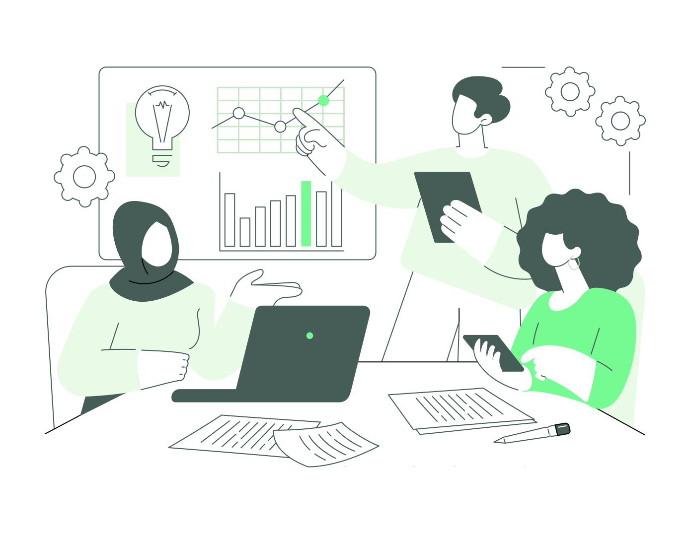 illustration of three people working in an office.